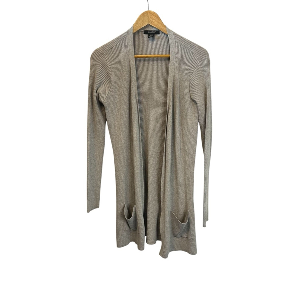 REVAMPED Grey Ribbed Stretch Long Open Cardigan Sweater M